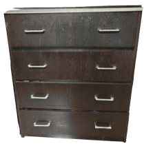 A tall, narrow chest of drawers featuring a dark brown wood-grain laminate finish, a contrasting lig… — 3D model