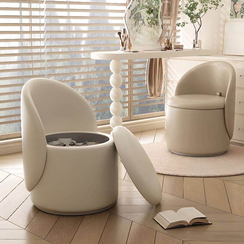 A compact, beige-upholstered, cylindrical furniture piece designed for seating and storage. It featu… — 3D model