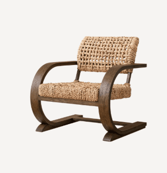 An armchair featuring a dark brown, curved wooden frame that forms a distinctive C-shape, integratin… — 3D model
