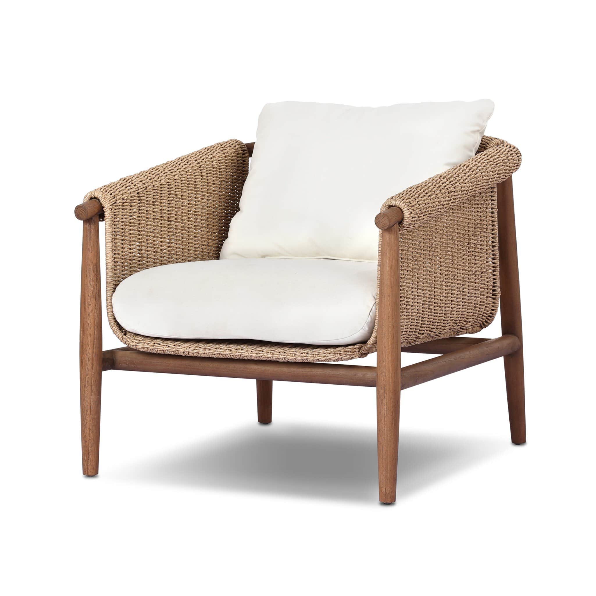 A contemporary lounge chair featuring a sturdy wooden frame and tightly woven natural-colored rope f… — free OBJ 3D model
