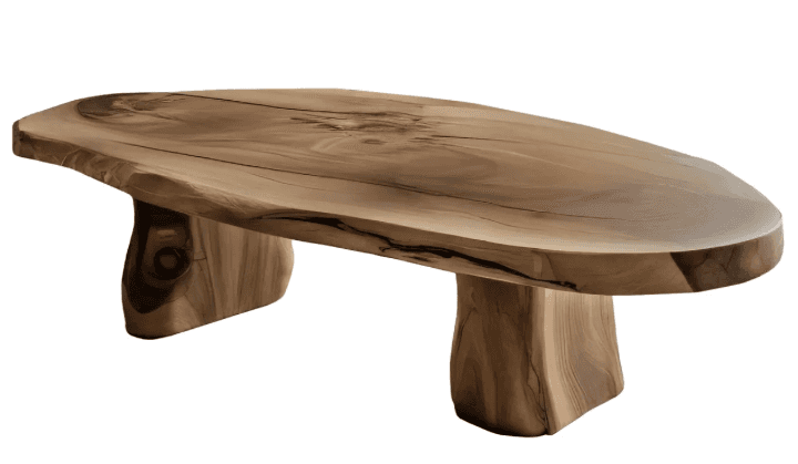 A uniquely shaped coffee table crafted from a single slab of wood. The tabletop features a live edge… — 3D model
