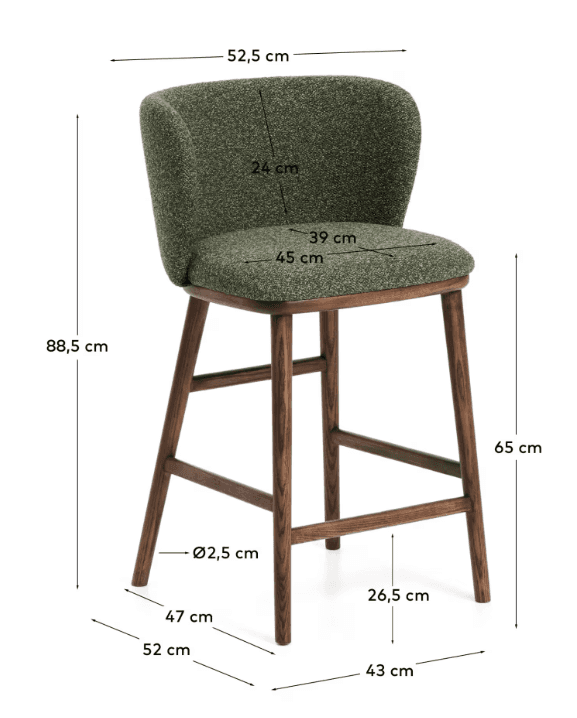 A bar stool with a curved, upholstered backrest and seat, supported by four wooden legs connected by… — 3D model