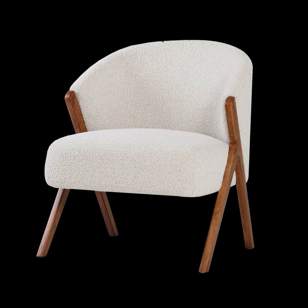 An off-white bouclé upholstered accent armchair featuring a rounded backrest and seat, supported by… — free FBX 3D model
