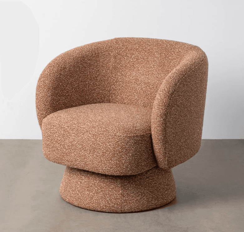 A contemporary armchair with a rounded, enveloping silhouette. It features a swivel base and is upho… — 3D model