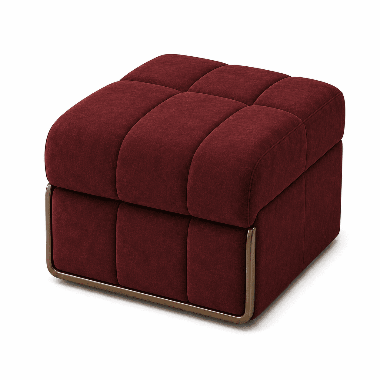 A square, channel-tufted ottoman upholstered in deep red velvet or chenille, featuring a contemporar… — 3D model