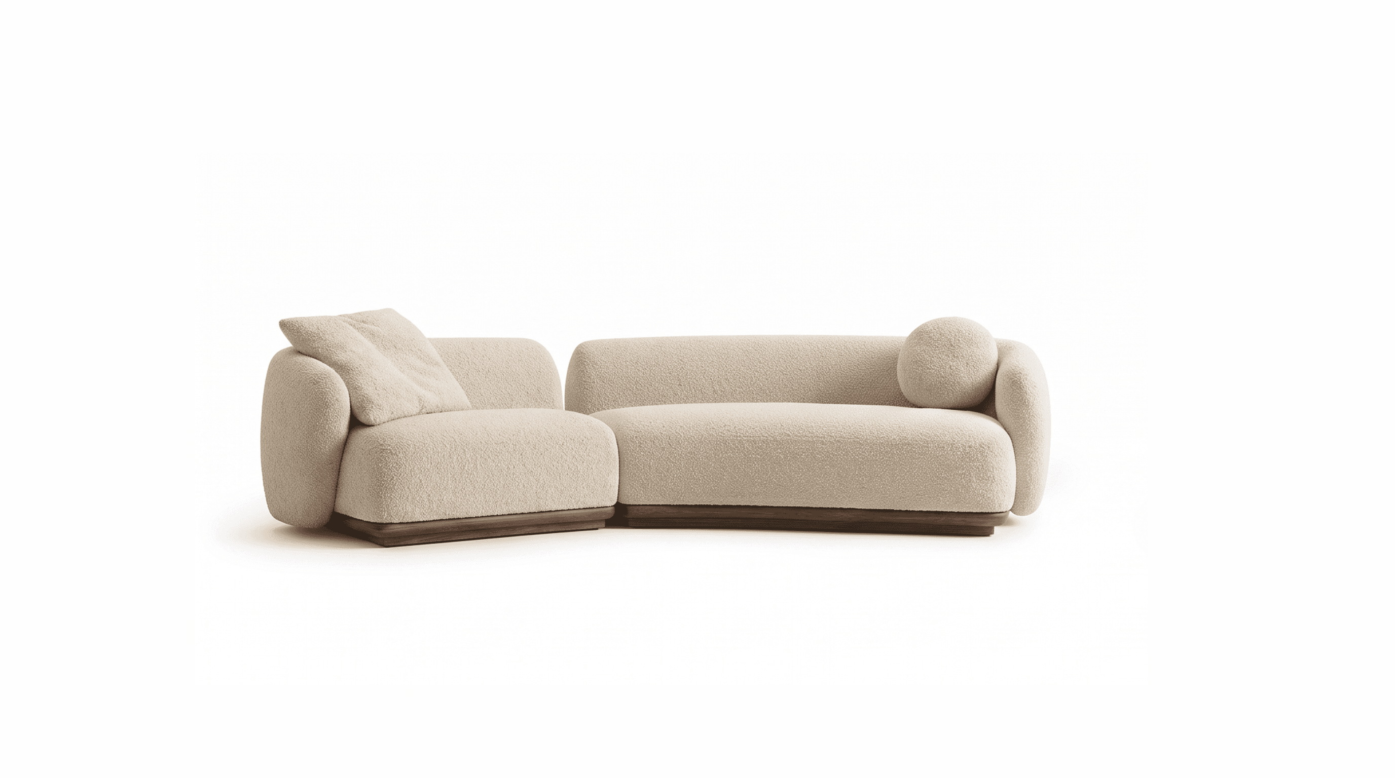 A two-piece modular sectional sofa upholstered in cream boucle fabric, featuring soft, rounded forms… — 3D model