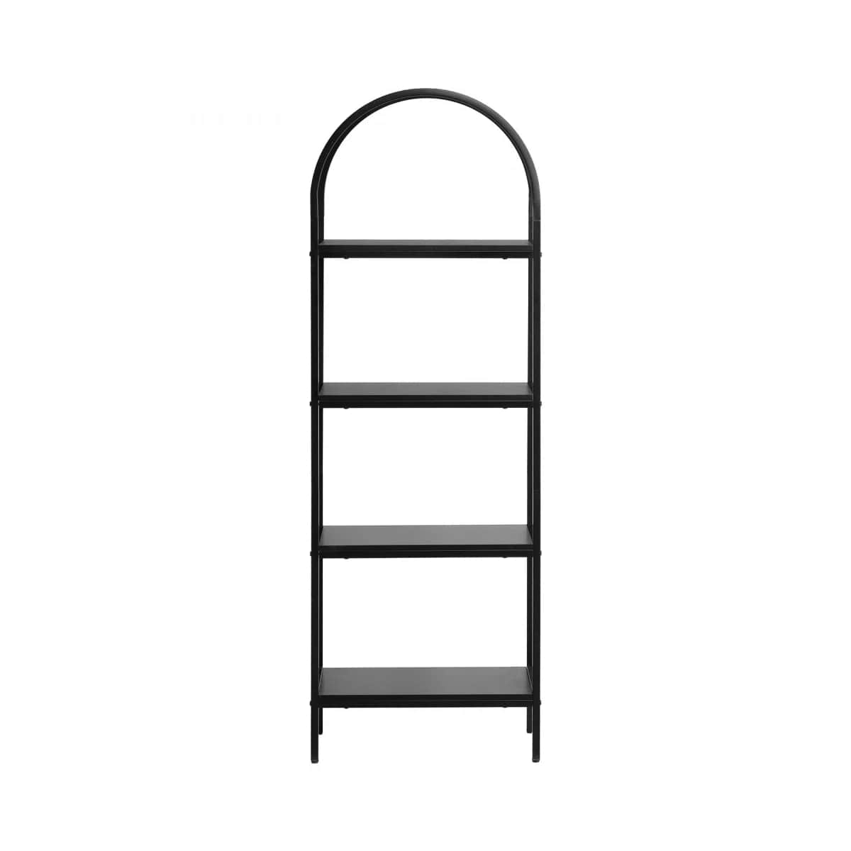 A black metal bookshelf with four shelves. The frame has a distinct arched top. The shelves are rect… — 3D model