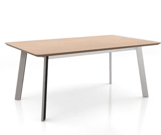 A modern rectangular table featuring a light wood-look tabletop with slightly rounded corners and fo… — free FBX 3D model