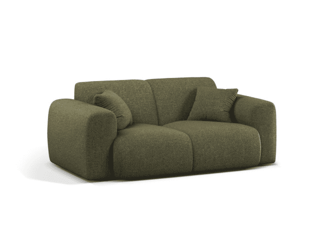 A modern, upholstered two-seater loveseat in a dark green textured fabric, presented on a white back… — 3D model