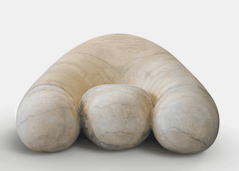A sculptural low lounge chair made from light-colored, veined travertine stone. It features a contin… — 3D model