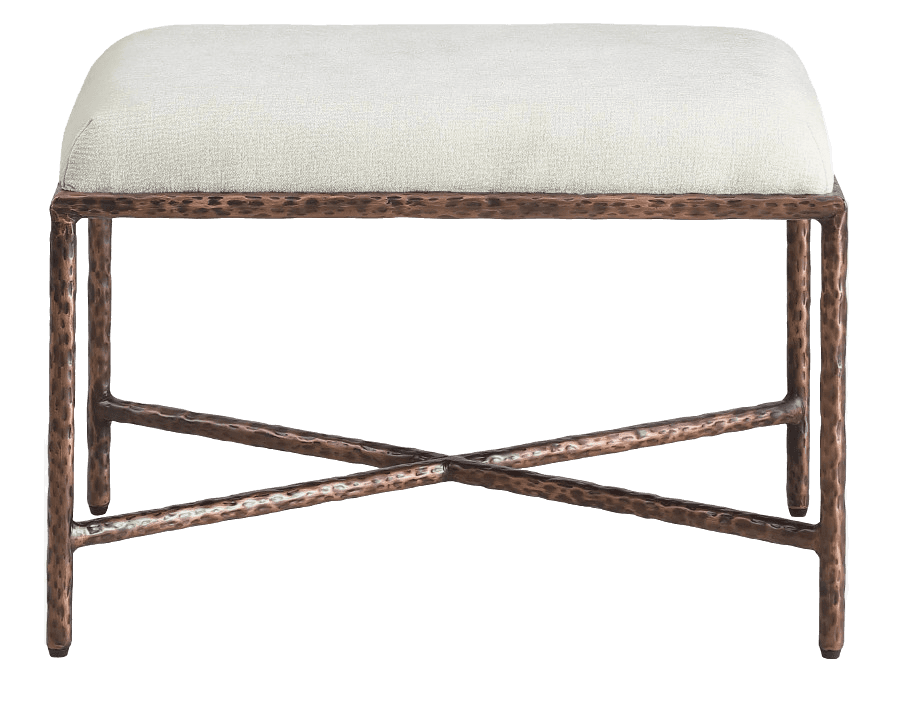 An upholstered bench featuring a sturdy metal frame with a distinctive hammered texture and a comfor… — 3D model