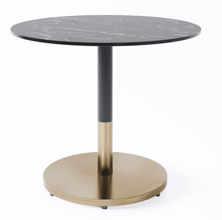 A round side table with a dark marble-patterned top, supported by a central column. The column is da… — 3D model