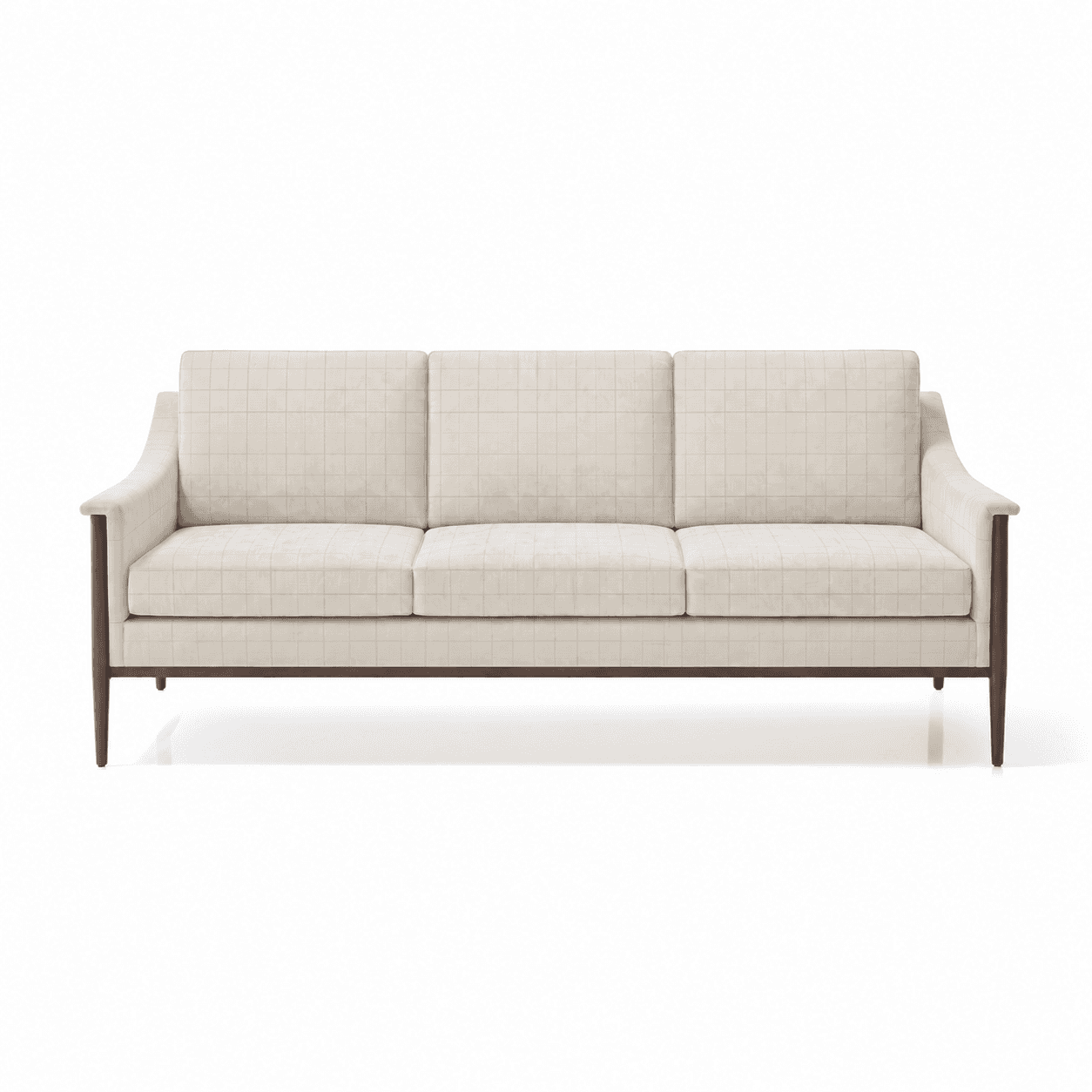 A modern three-seater sofa featuring a light beige, grid-patterned upholstered fabric, set within an… — 3D model