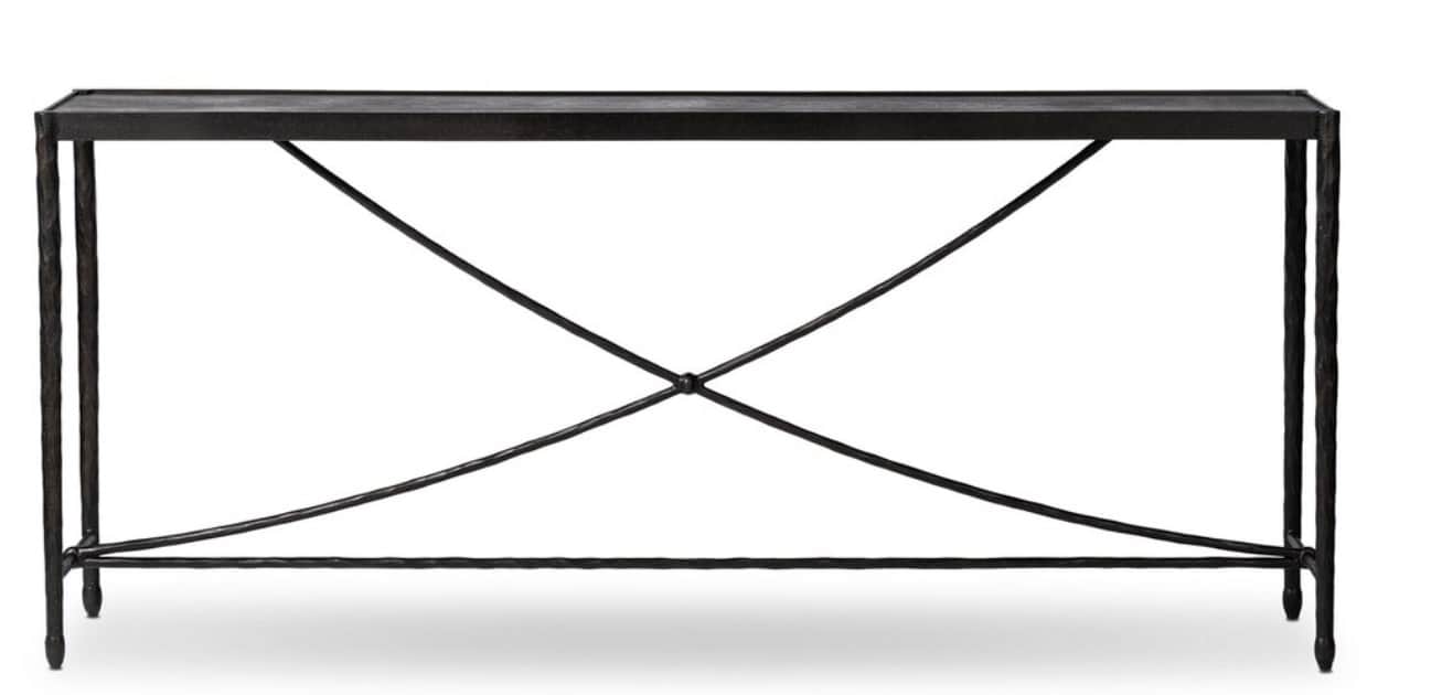 A console table with a rectangular top and a base constructed from dark metal. The legs are slender… — 3D model