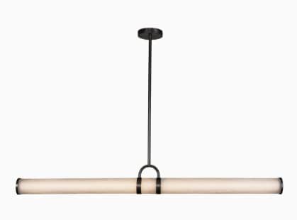 A contemporary linear pendant light featuring a long, horizontal tubular diffuser suspended by a dar… — 3D model