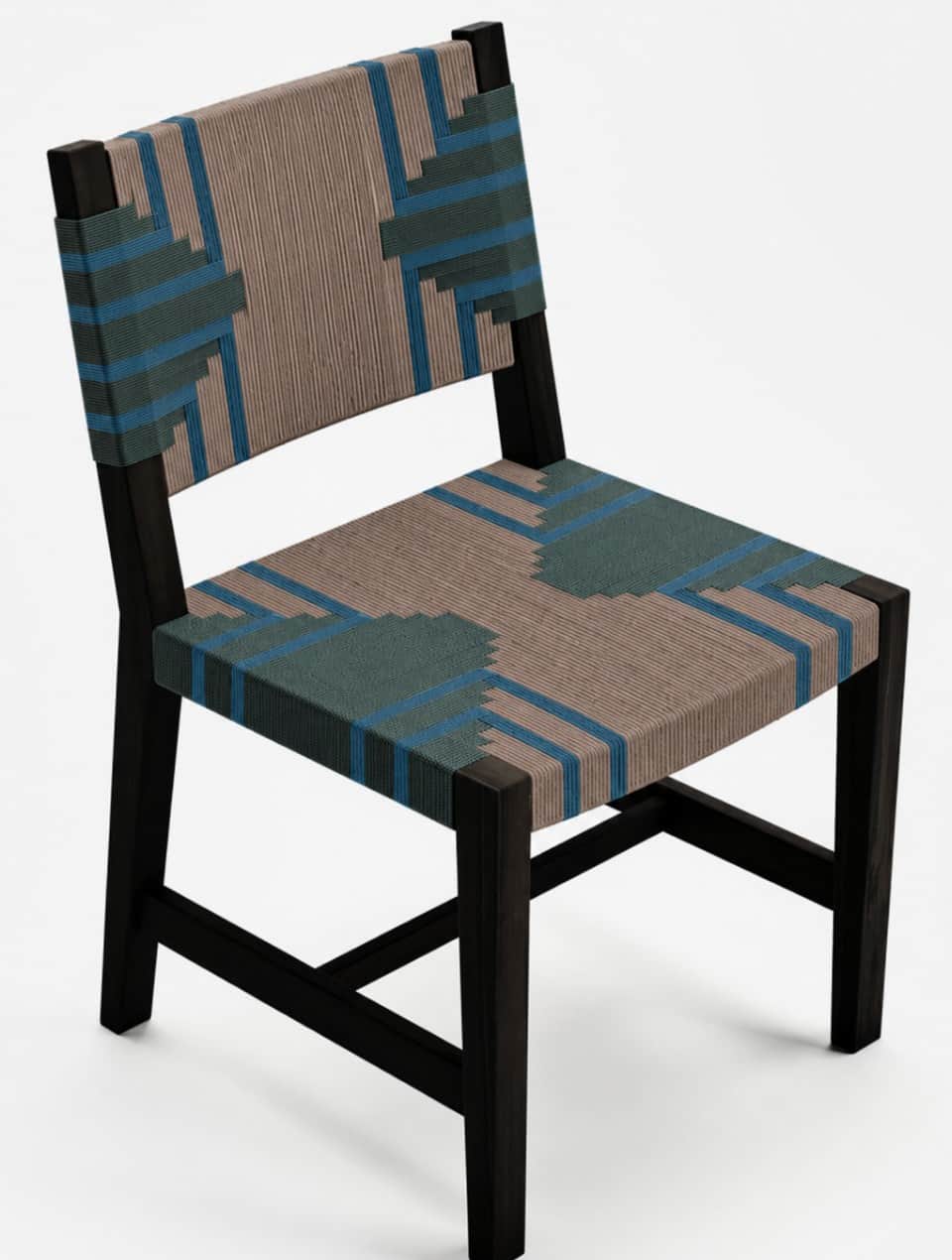 A contemporary armless chair featuring a dark-stained solid wood frame and an intricately woven cord… — free GLB 3D model
