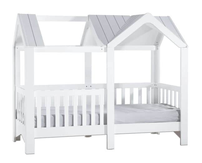 A white wooden bed frame designed to resemble a house, featuring a gabled roof structure and slatted… — free BLEND 3D model