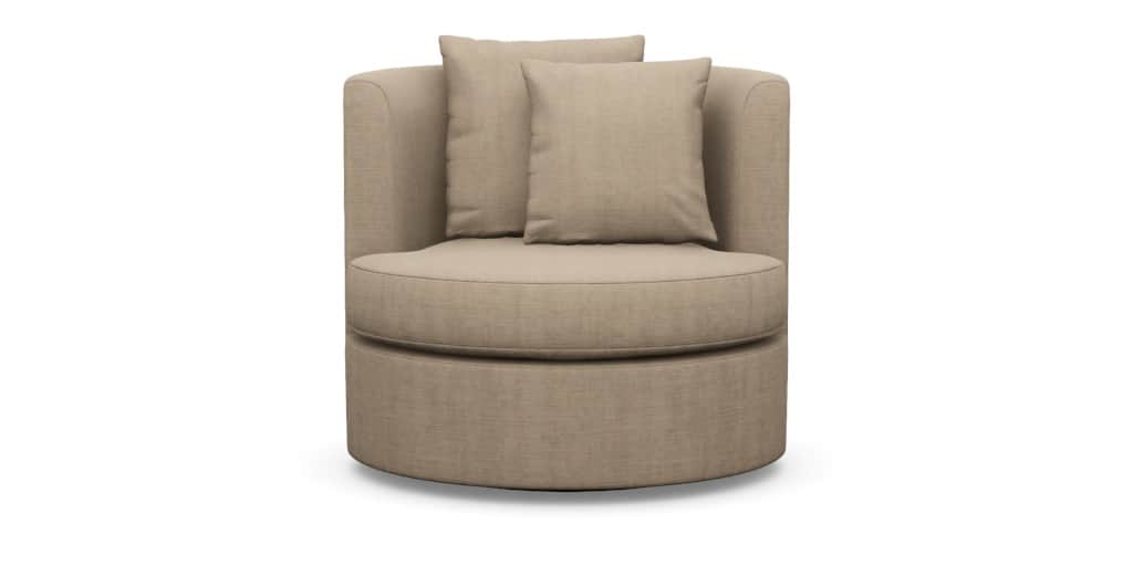 A contemporary upholstered round swivel chair in a neutral beige fabric, featuring a deep seat cushi… — 3D model