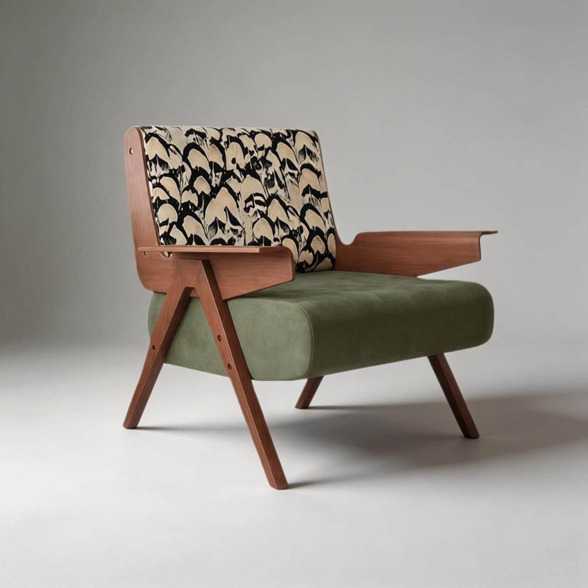 A stylish Mid-Century Modern inspired lounge armchair featuring an exposed wooden frame, a patterned… — 3D model