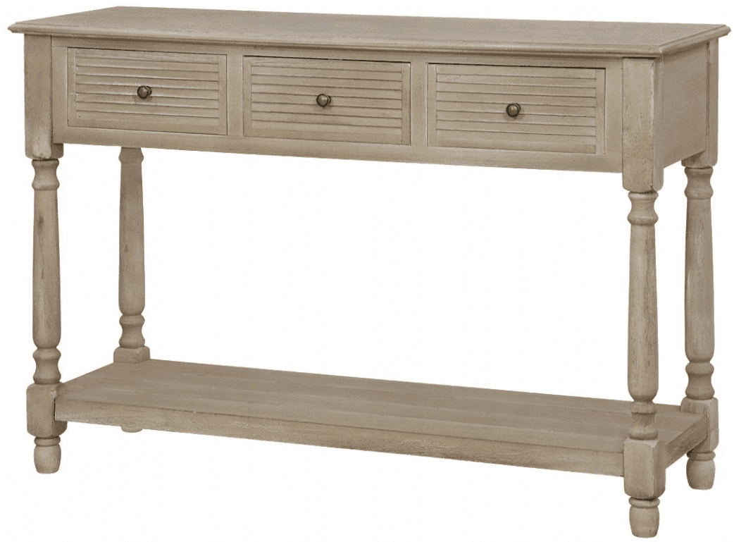 A light-colored, wooden console table featuring a rectangular top, three drawers with slatted fronts… — 3D model