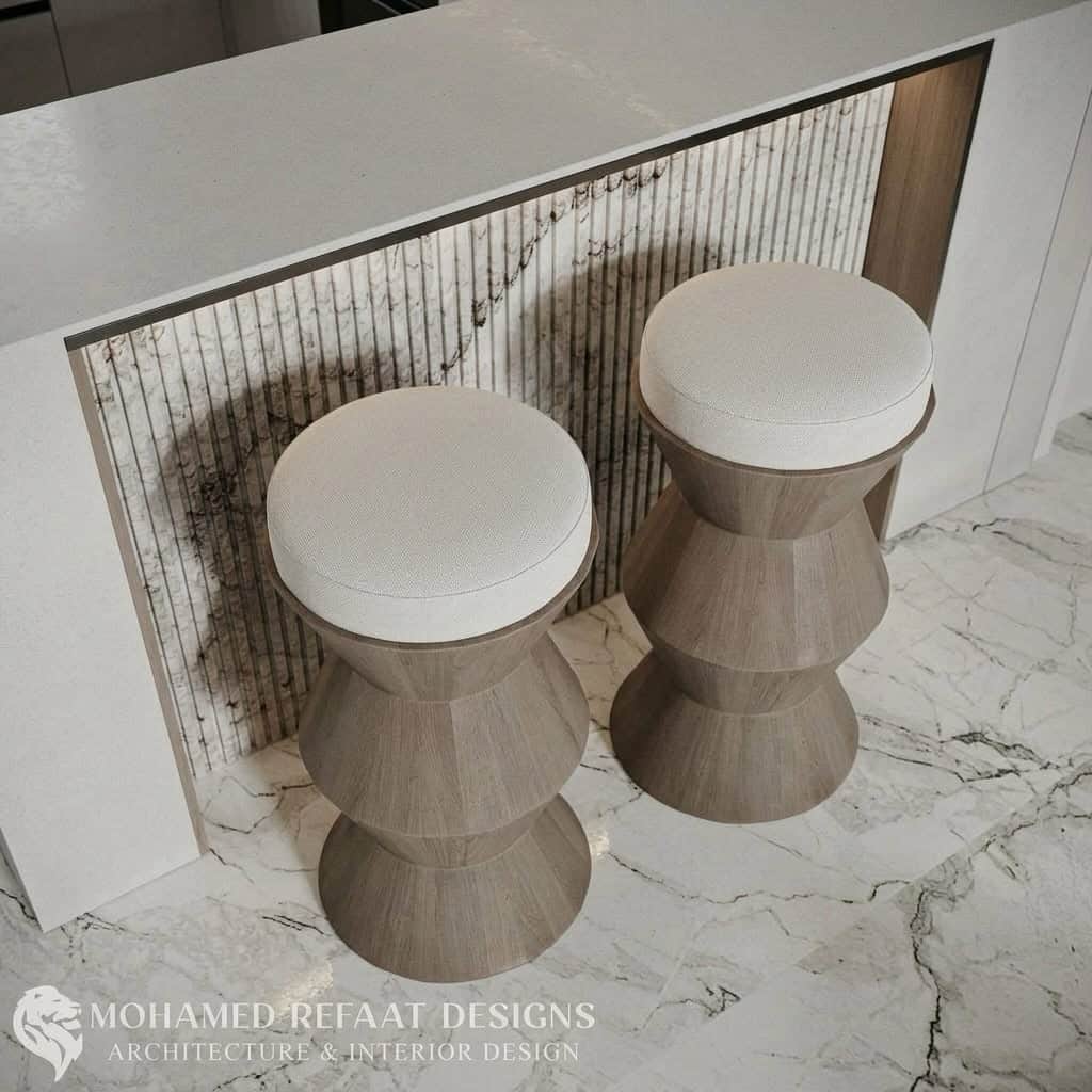 A modern stool featuring a light-colored wooden base with a distinctive faceted, hourglass-like form… — 3D model