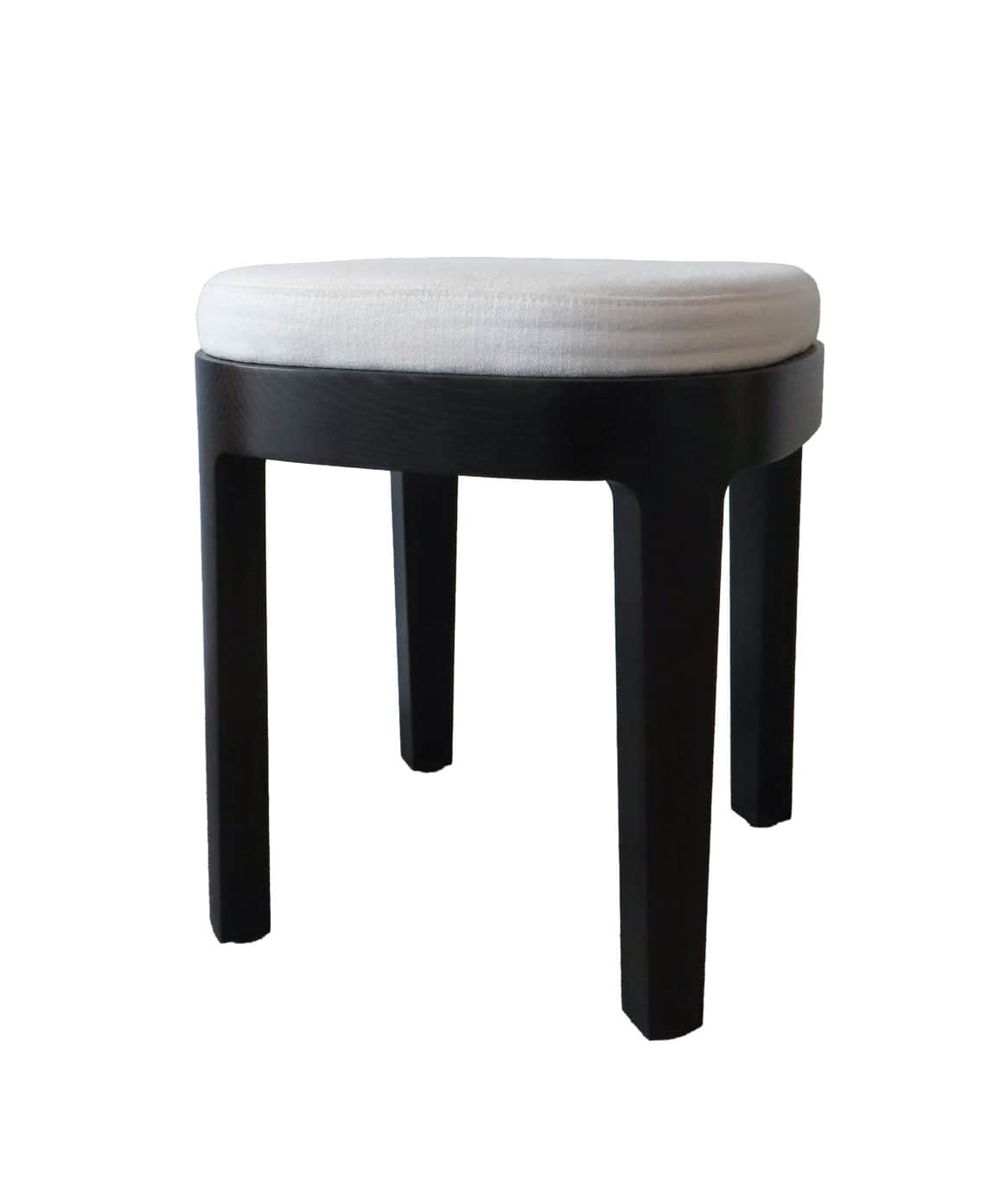 A modern round stool featuring a light-colored upholstered cushion atop a dark-stained solid wood fr… — 3D model