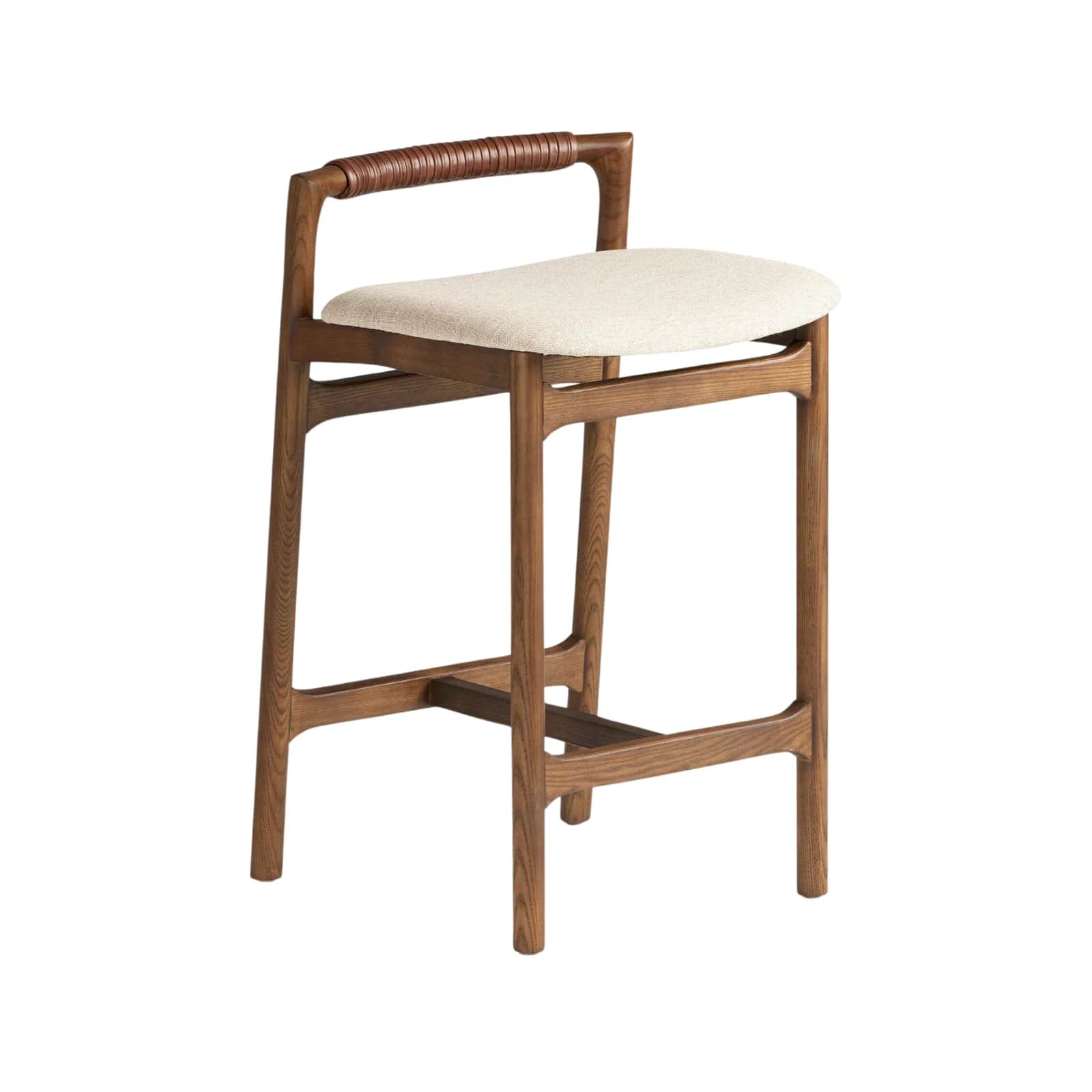 A contemporary bar stool featuring a solid wood frame with a dark brown finish. It has four slightly… — 3D model