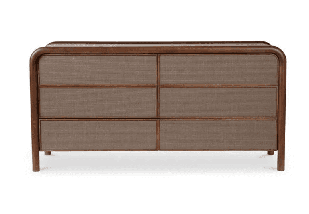 A contemporary double dresser with a warm wooden frame, rounded corners, and six drawers, each featu… — 3D model