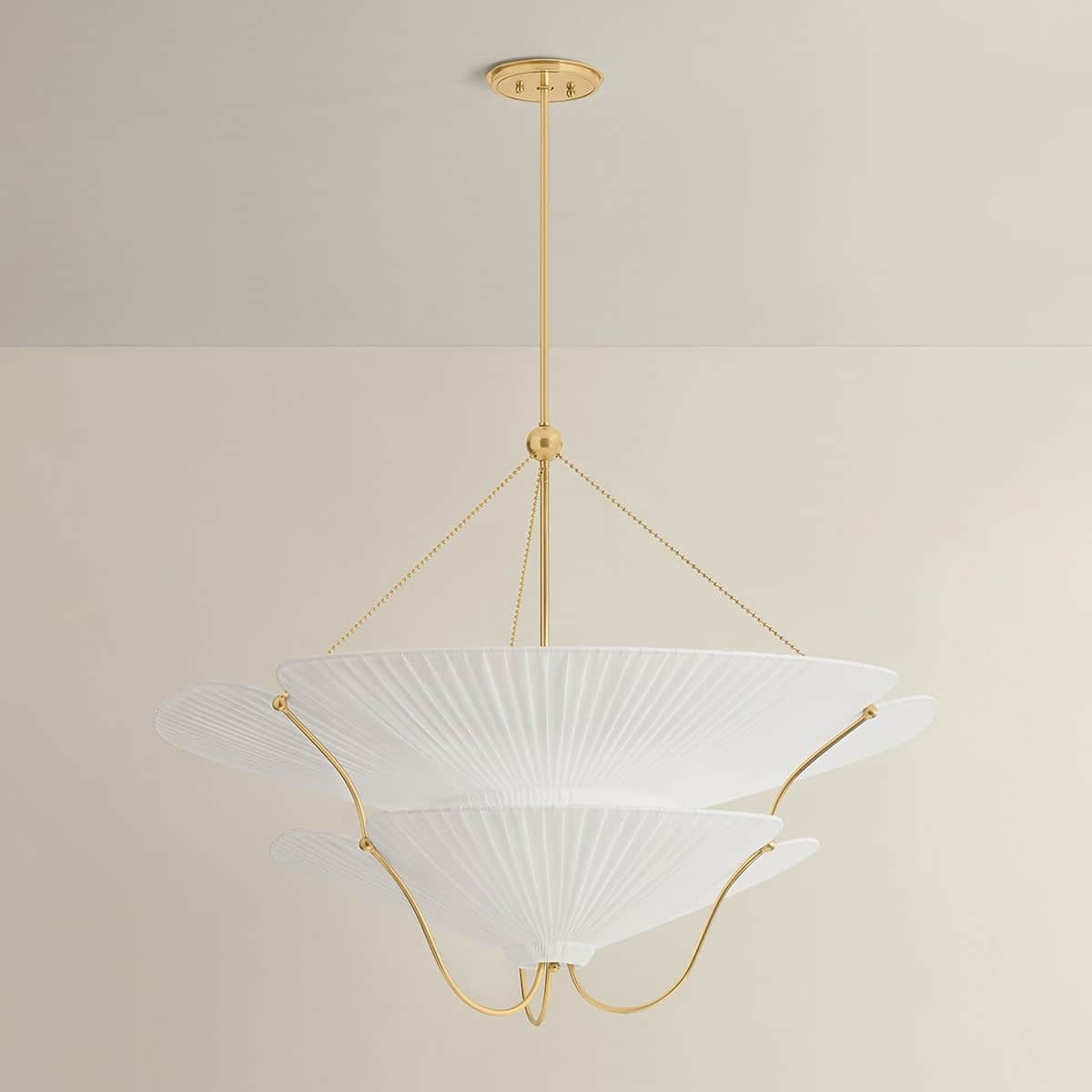 A contemporary tiered pendant light featuring multiple layers of white, finely pleated fabric shades… — 3D model