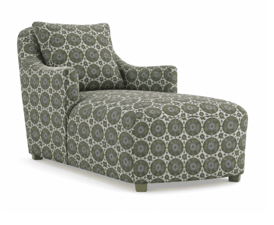 An upholstered chaise lounge featuring a distinctive geometric pattern in shades of green, grey, and… — 3D model