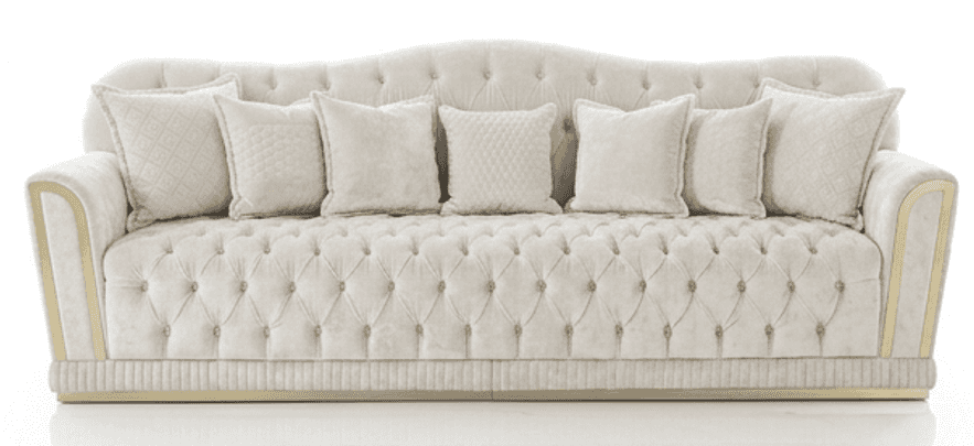 A luxurious three-seater sofa upholstered in light cream or off-white velvet, featuring deep button-… — 3D model