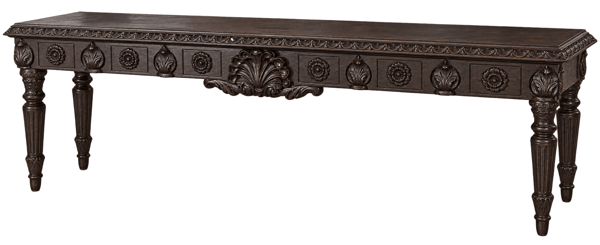 A long, rectangular, dark brown console table featuring extensive, ornate carvings along its apron a… — free GLTF 3D model