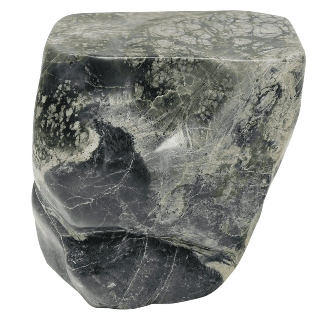 A square-topped, roughly cubic stool carved from a single piece of veined green and dark gray stone.… — 3D model
