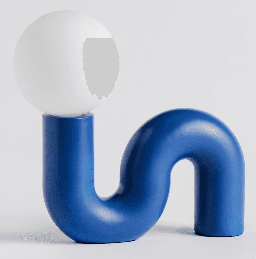 A modern table lamp with a sinuous, tubular base in a gradient blue finish, supporting a spherical w… — 3D model