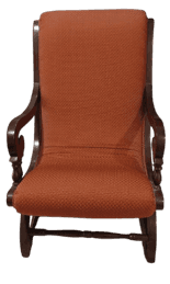 A traditional upholstered armchair featuring a dark-stained carved wood frame and rust-colored patte… — 3D model