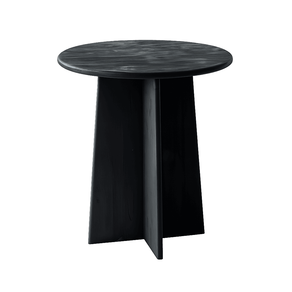 A dark-colored side table with a round top and a striking geometric base. The base consists of four… — 3D model