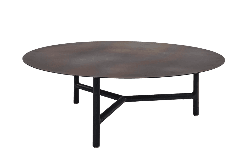 A round coffee table with a metal top featuring a patinated, iridescent finish and a black metal bas… — 3D model