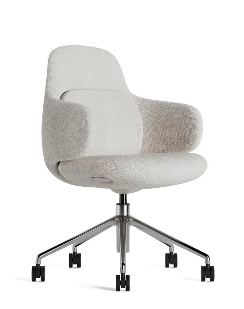 A modern, light beige upholstered office chair with a textured fabric, featuring a contoured shell a… — 3D model