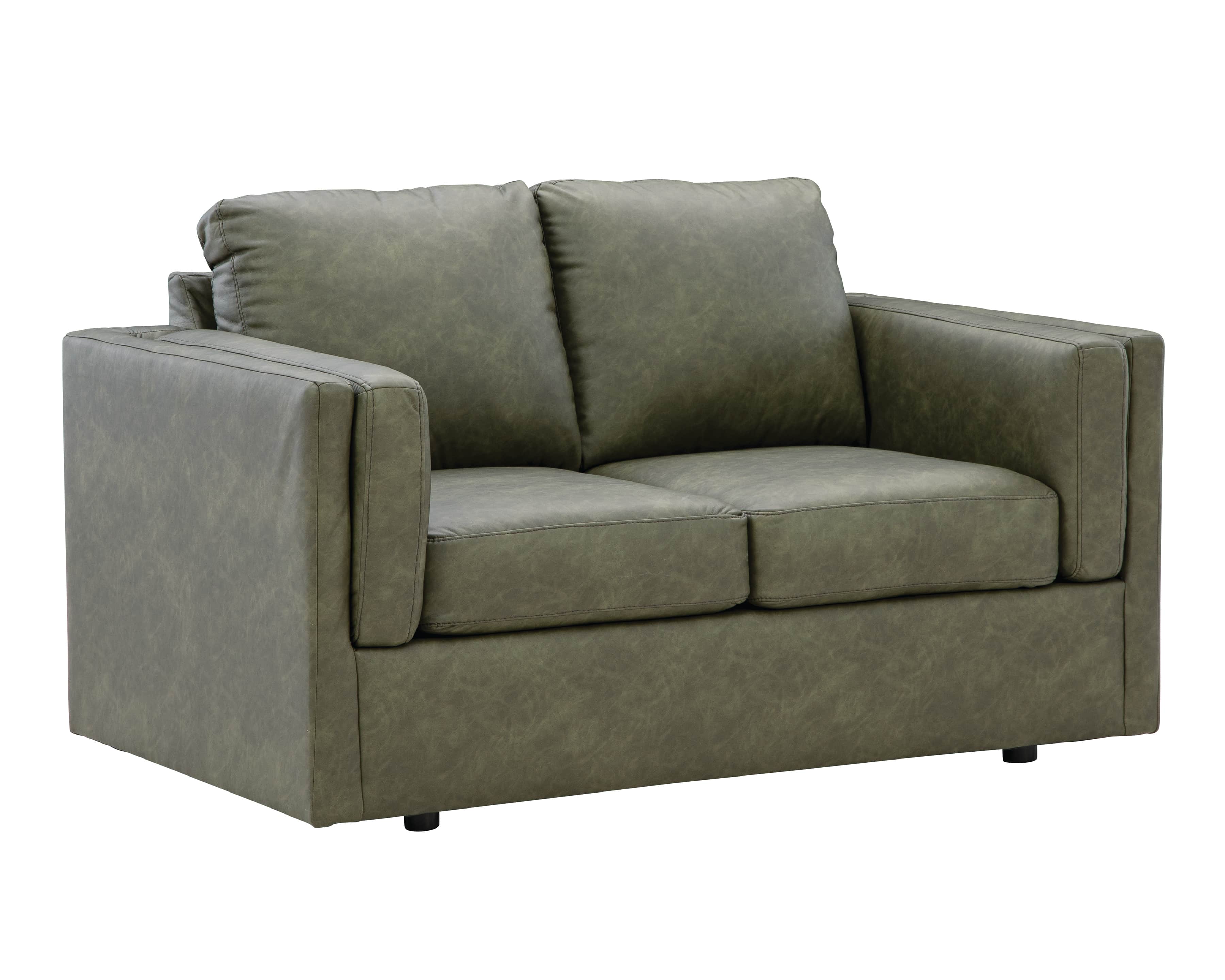 A contemporary two-seater loveseat upholstered in a distressed olive green or grey fabric, featuring… — 3D model