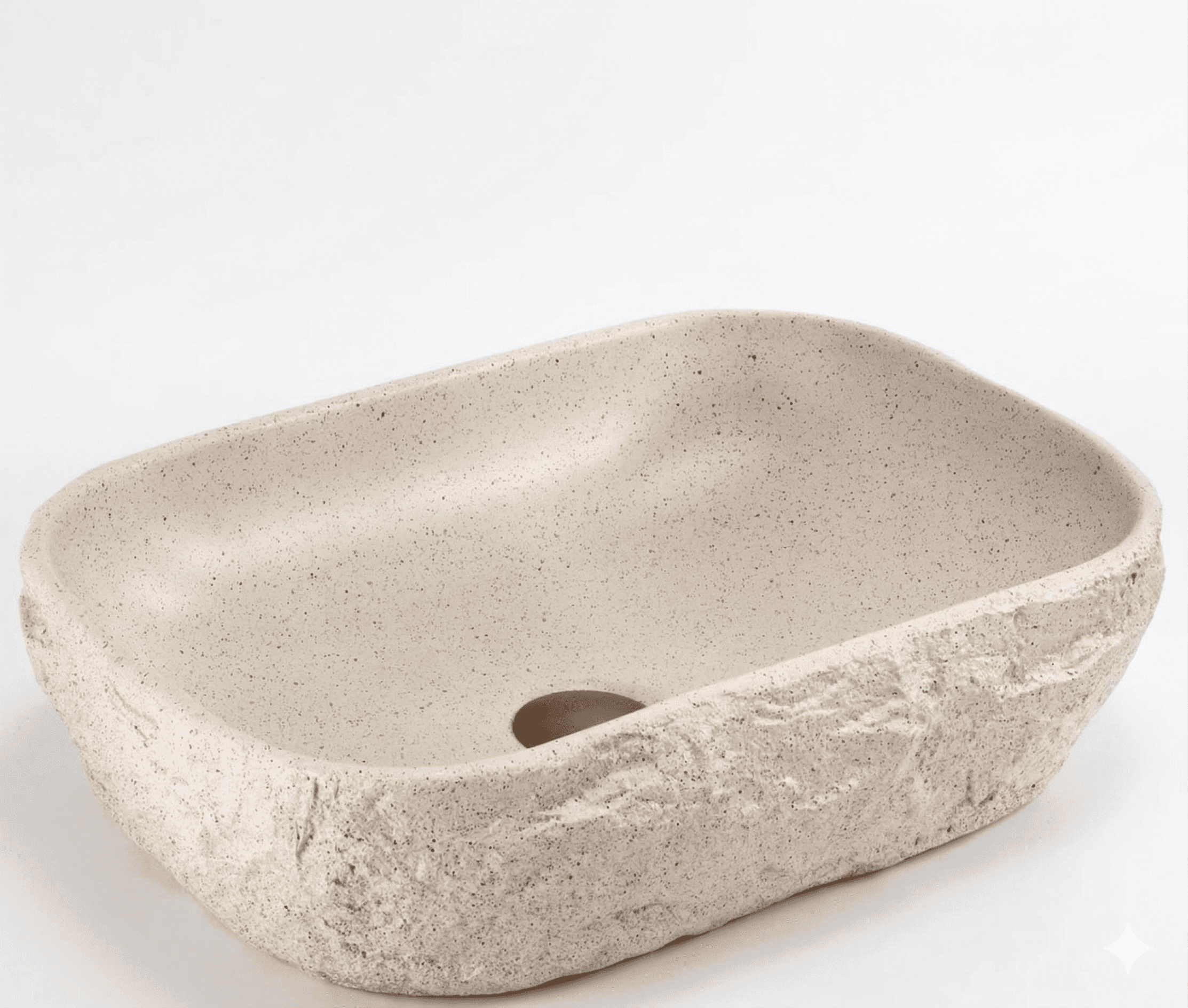 A rectangular vessel sink with a rough, stone-like exterior texture. The interior basin is smooth an… — 3D model