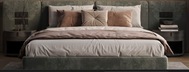 A contemporary upholstered platform bed featuring a wide, extended headboard that seamlessly integra… — 3D model