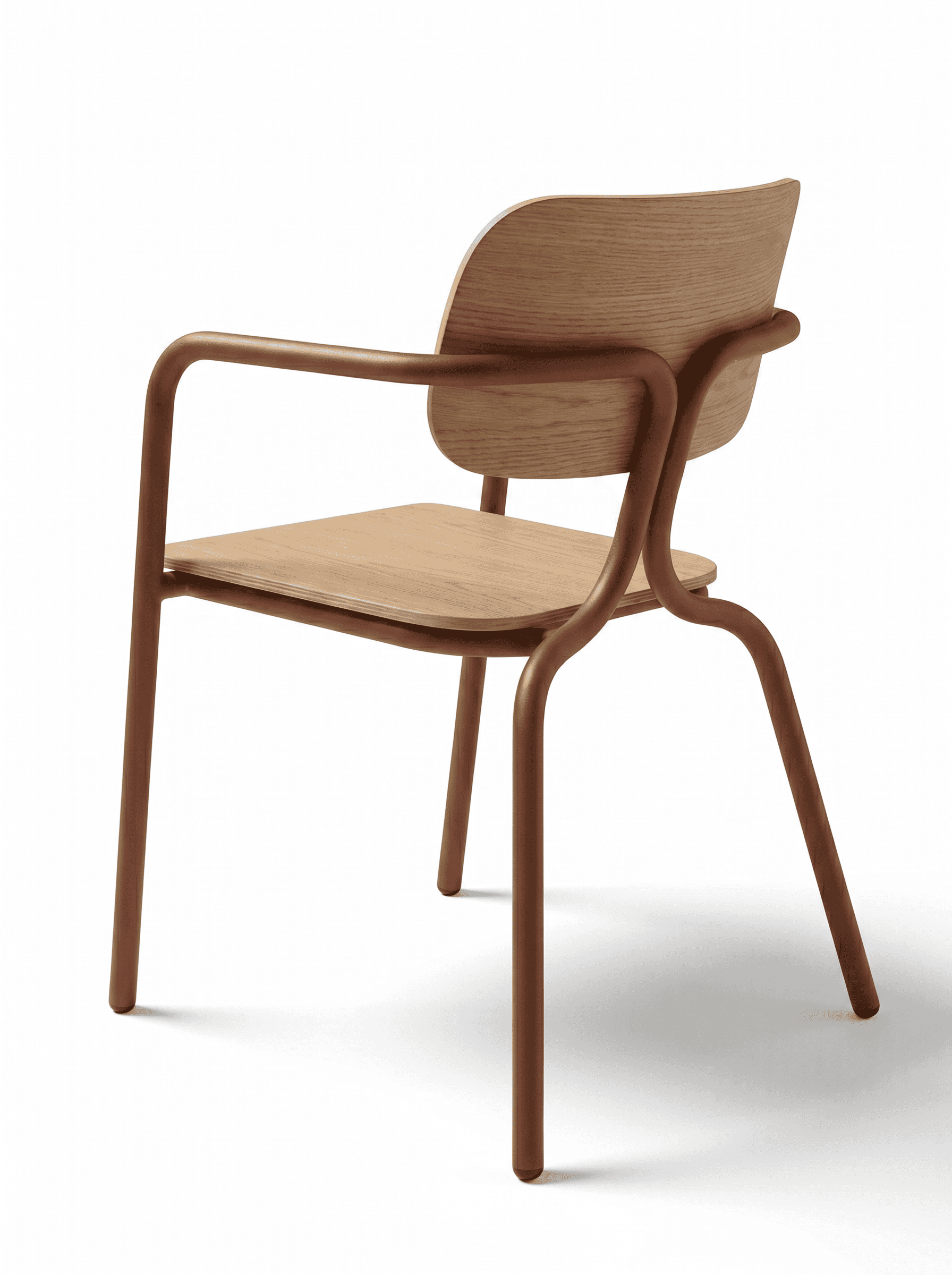 A modern armchair characterized by a curved, natural wood-grain bent plywood seat and backrest, supp… — 3D model