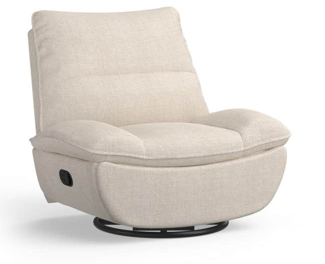 A modern armchair with a swivel base, upholstered in a textured light-colored fabric. It features pl… — free OBJ 3D model