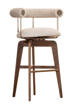 A contemporary swivel bar stool featuring a solid walnut wood frame, a round upholstered seat, and a… — 3D model