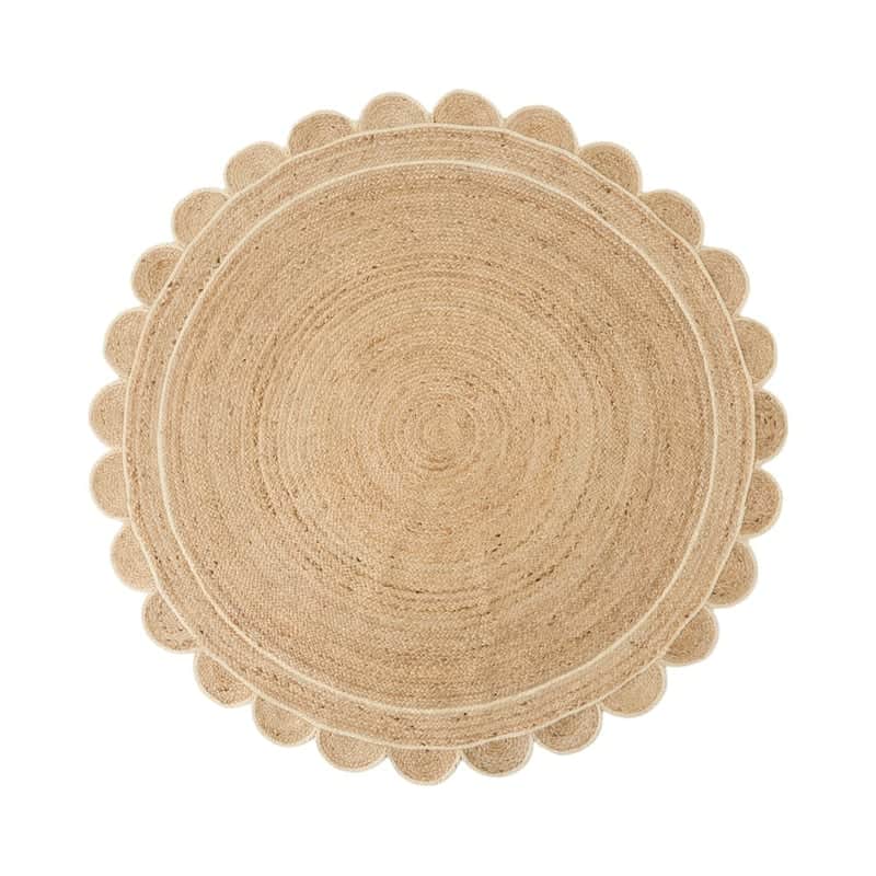 A circular rug with a braided texture and a scalloped edge. The rug features concentric circular pat… — 3D model
