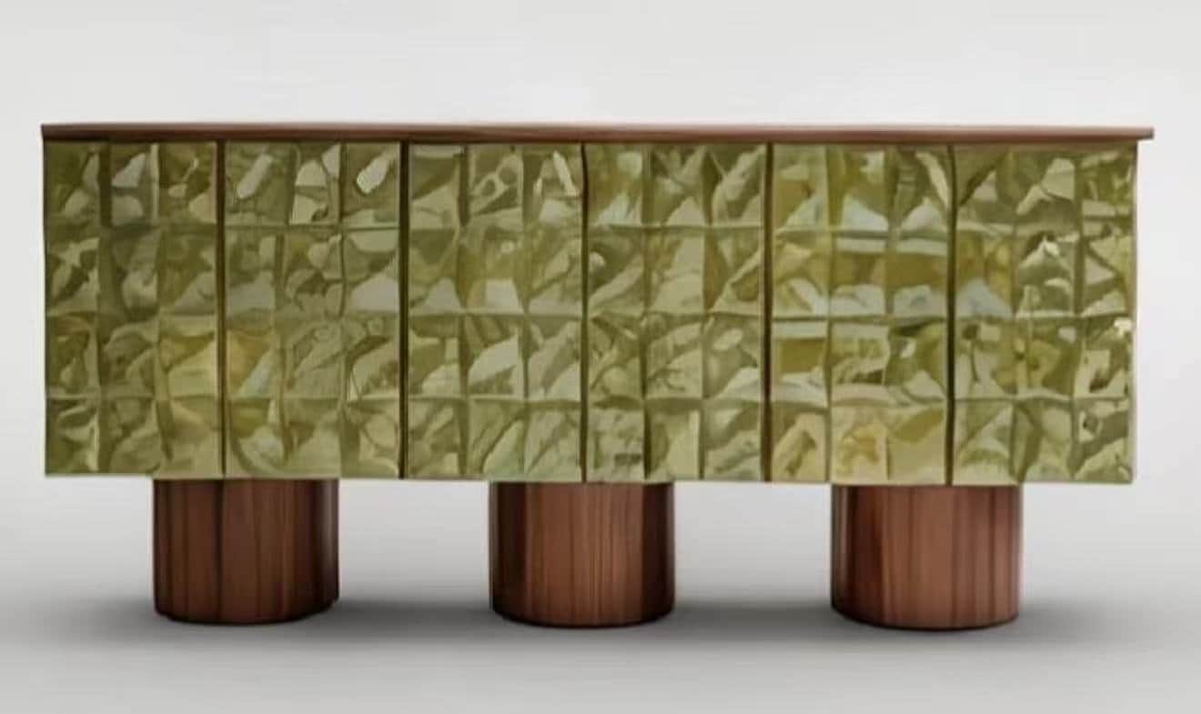 A modern sideboard with a textured, geometric front panel and cylindrical wooden legs. — 3D model