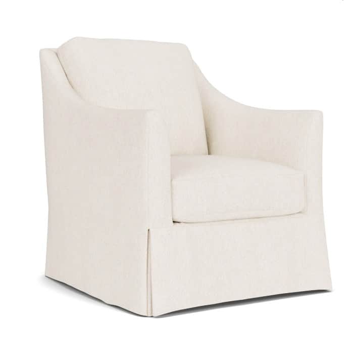 A cream-colored armchair with a skirted base and upholstered finish. The armchair features a high ba… — free OBJ 3D model