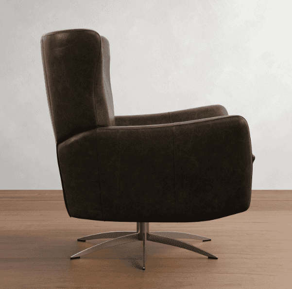 A dark brown leather armchair with a high back and integrated armrests. The chair is mounted on a br… — 3D model