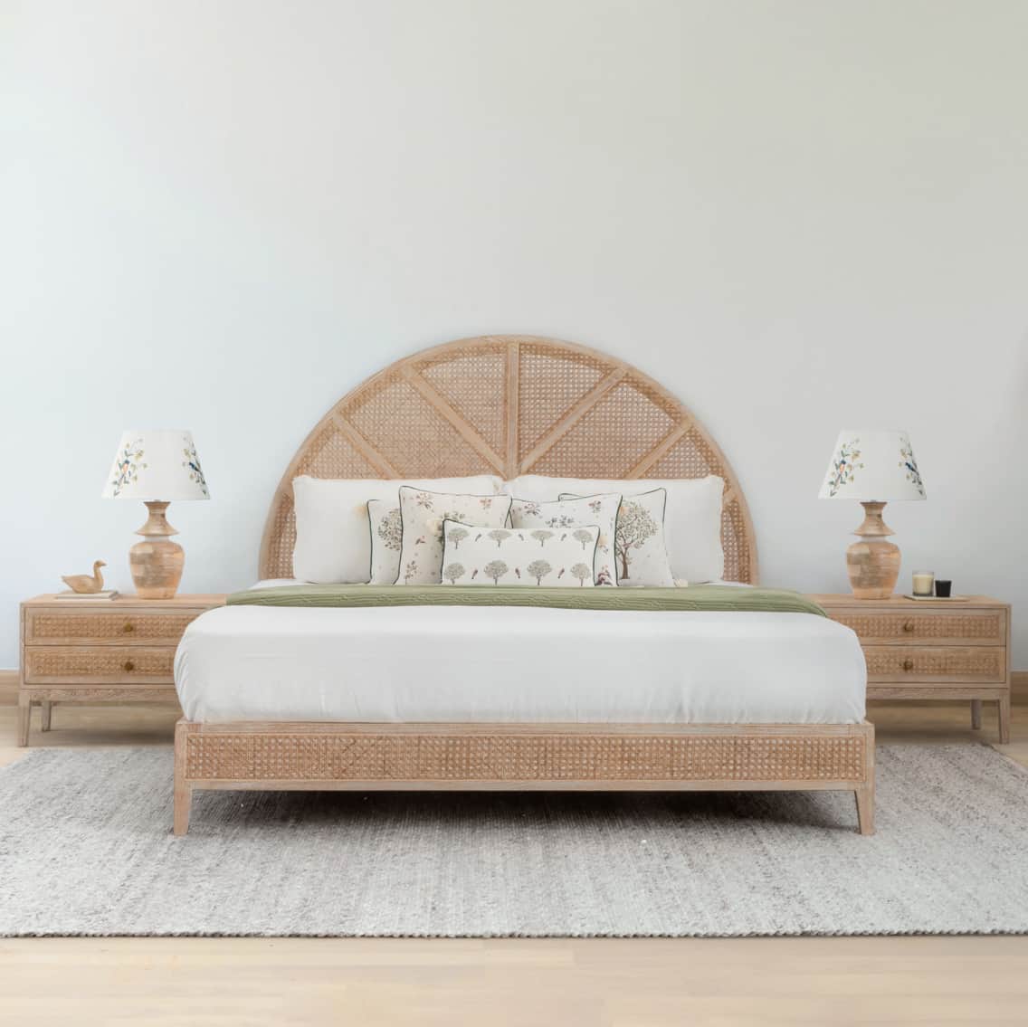 This image displays a modern platform bed crafted from light-toned wood and featuring intricate cane… — 3D model