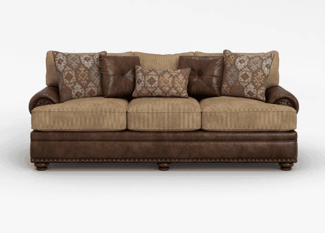 A three-seater sofa featuring a combination of dark brown faux leather and textured beige fabric uph… — 3D model